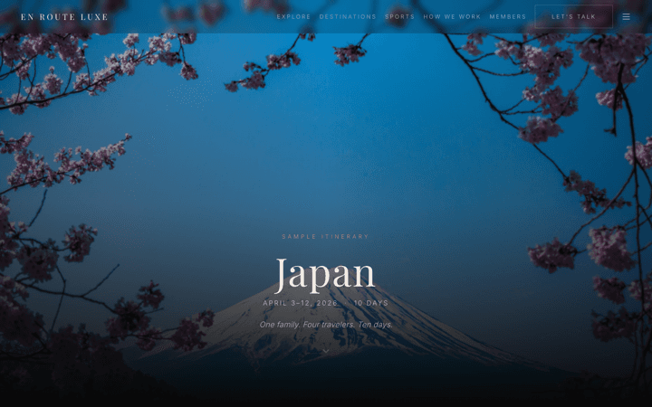 The Japan sample itinerary on enrouteluxe.com: cherry blossoms framing Mount Fuji